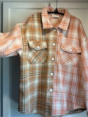 Plaid Button-Down Shacket in Peach & Cream